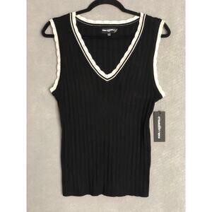 Karl Lagerfeld Pull-On Vest Women's Large Lace Trim V-Neck Black NEW